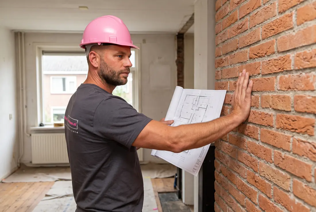 Michel Wit beoordeelt met de bouwtekening in de hand of een muur dragend is