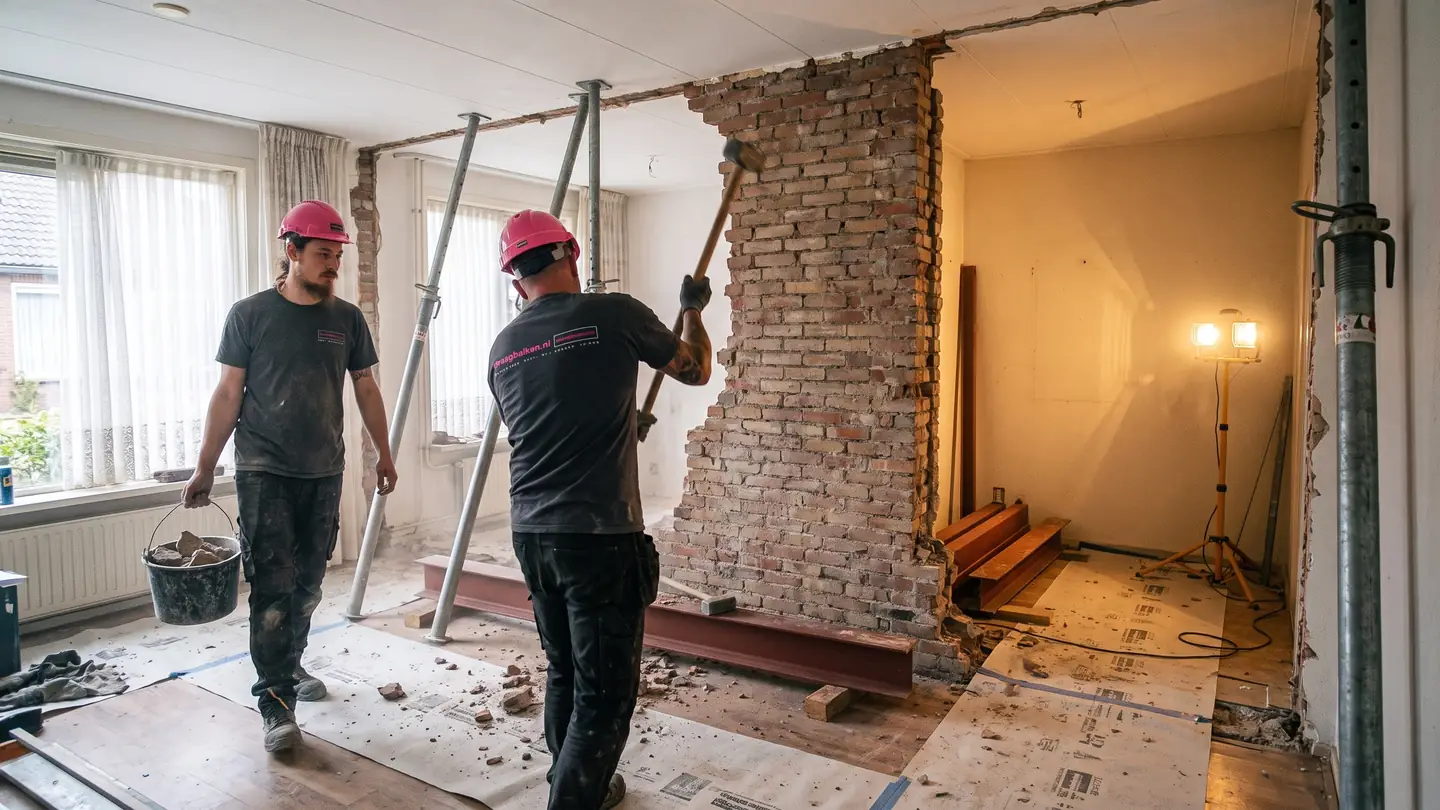 Medewerkers van Draagbalken.nl maken een muurdoorbraak, de muur staat veilig op stempels