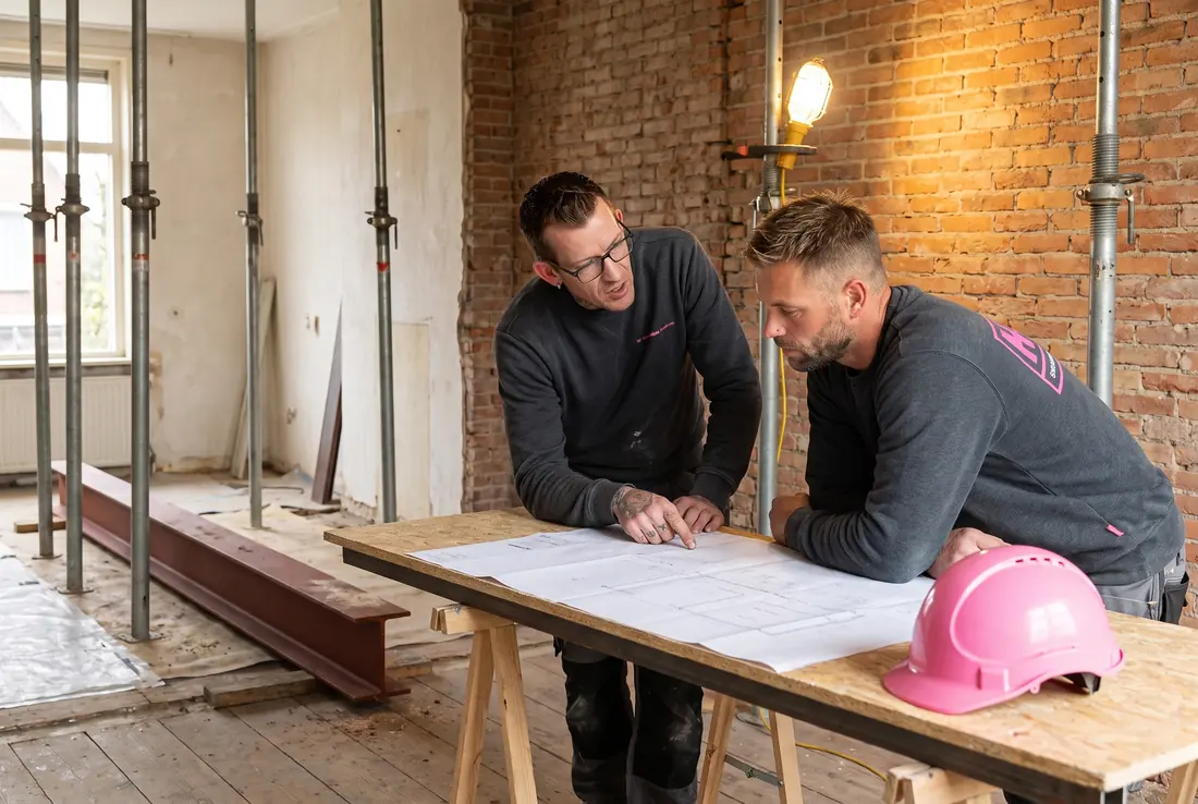 Twee medewerkers van Draagbalken.nl overleggen boven de constructietekening, met een roze helm op tafel